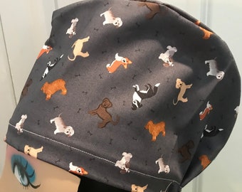 Gorro quirúrgico para mujer o hombre (estilo europeo o con lazo para hombre), gorro para cubrir la cabeza, gorro de quimioterapia ~ Fondo gris, ¡Perros!