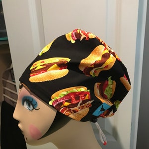 Women&#39;s or Men&#39;s Scrub hat (Euro style or men&#39;s tie back), head covering, chemo cap~ Cheeseburgers!!