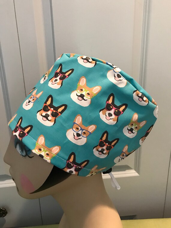 Women s Scrub Hat Head Covering Chemo Cap Corgi Heads Etsy