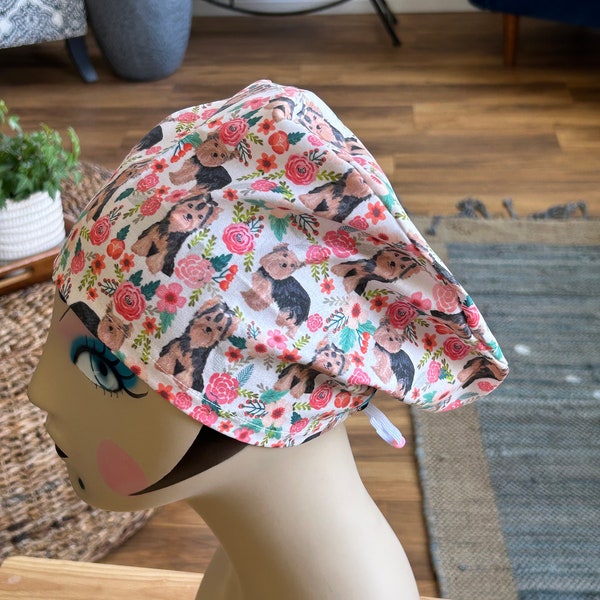 Women's Scrub hat, head covering, chemo cap~ Floral Yorkies