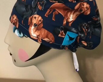 Dachshund On Skateboard Scrub Cap - Surgical Nurse Dental Hat With Ponytail Holder For Women & Men