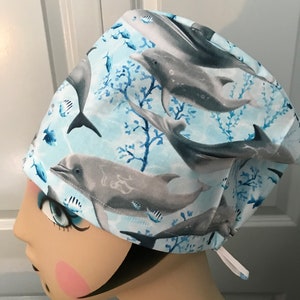 Women&#39;s Scrub hat, head covering, chemo cap~ Dolphins