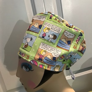 Women&#39;s Scrub hat, head covering, chemo cap~ Peanuts Easter Comic print!