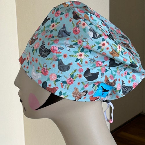 Women's Scrub hat, head covering, chemo cap~ Chickens with floral background