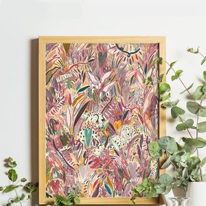 Pink Cheetah Jungle / Big Cats / Tropical / Illustration Print / Wall Art/ A4 A3 / Birthday Present / Housewarming Gift