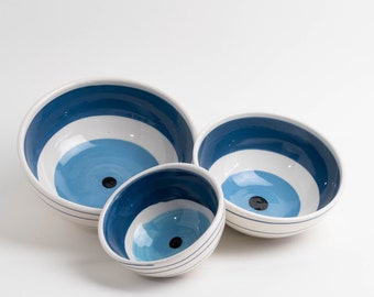 Set of 3 Handmade Blue and White Ceramic Bowls, Evil Eye Kitchen Decor, Housewarming Gift,    Food Lover, Athenian Street Stories
