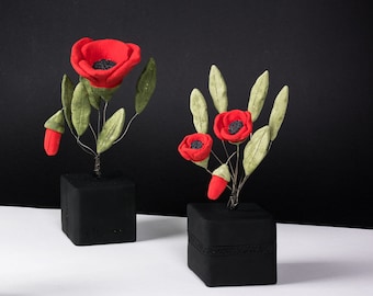 Ceramic Poppy on base, Bouquet of Flowers, Handmade Greek Artwork, Floral Home Decor, Athenian Street Stories