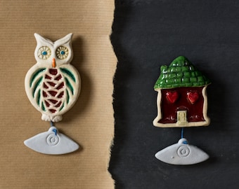 Owl - House Ceramic Magnets, Gift Set of 2, Handmade Home Decor, Greek Souvenir, Athenian Street Stories