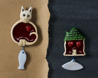 Cat - House Ceramic Magnets, Gift Set of 2, Handmade Home Decor, Greek Souvenir, Athenian Street Stories