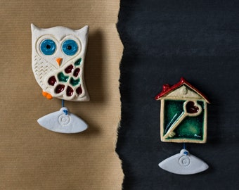Owl - House Ceramic Magnets, Gift Set of 2, Handmade Home Decor, Greek Souvenir, Athenian Street Stories