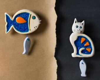 Cat - Fish Ceramic Magnets, Gift Set of 2, Handmade Home Decor, Greek Souvenir, Athenian Street Stories