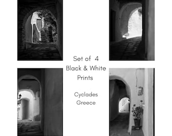 Set of 4 Black & White Prints, Travel Photography, Wall Art, Home Decor, Greek Island,  Cyclades, Athenian Street Stories