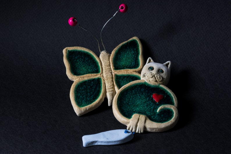 Athenian Street Stories Butterfly Ceramic Magnets Gift Set of 2 Greek Souvenir Cat Handmade Home Decor