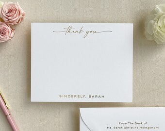 Custom Gold Foil White Thank You Card, Wedding Thank You Note, Personalized Engagement, Baby, Bridal Shower Luxury Stationery & Envelope Set