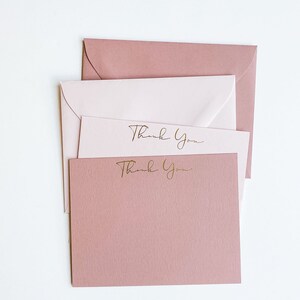 Papel de oro, rosa rubor y rosa polvoriento juego de tarjetas de agradecimiento, agradecimiento de boda, compromiso, negocios, bebé, despedida de soltera, papelería de lujo