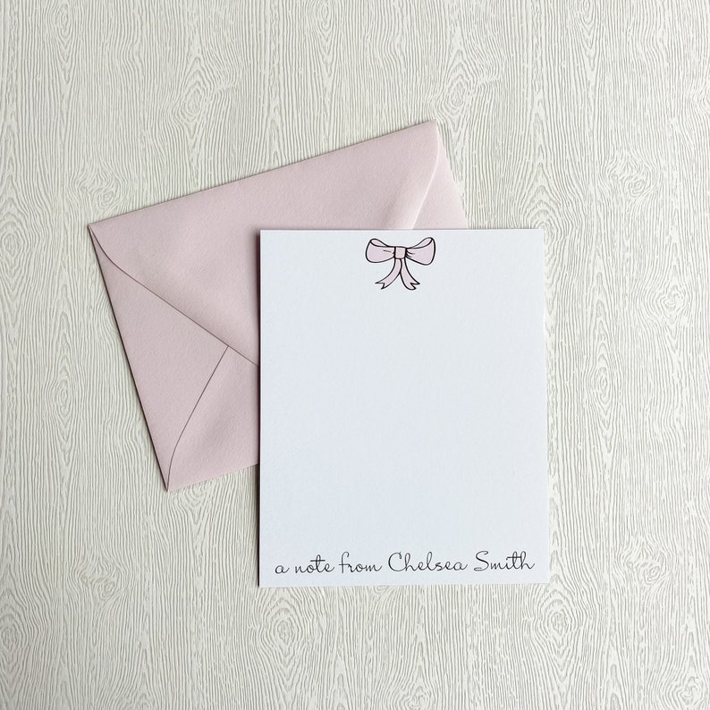 /'a note from/' Personal Stationary in Fun Font with Pastel Pink Envelopes Set of 12 Personalized Pink Bow Note Cards Custom Stationery