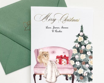 Pomeranian Personalized Christmas Cards, Gold Foil Merry Christmas, Personalized Holiday Envelopes, Watercolor Print, Set of 10