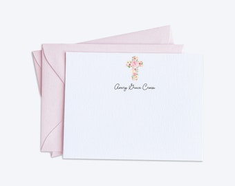 Conjunto de tarjeta de nota personalizada con cruz floral de acuarela, papelería personal, niño, adolescente, conjunto de regalo de papelería de cumpleaños, conjunto de agradecimiento, personalizar