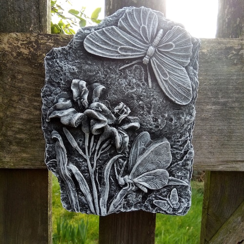 Butterfly & Lily Plaque Quality Stone Garden Wall Plaque Etsy UK