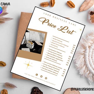 Könnte beinhalten: Eine Preisliste mit goldenem und weißem Design. Der Text lautet "Price List" und umfasst Dienstleistungen wie Braut-Make-up, Haarstyling und Spezialeffekt-Make-up. Ein Foto von Make-up-Produkten befindet sich in der Mitte.
