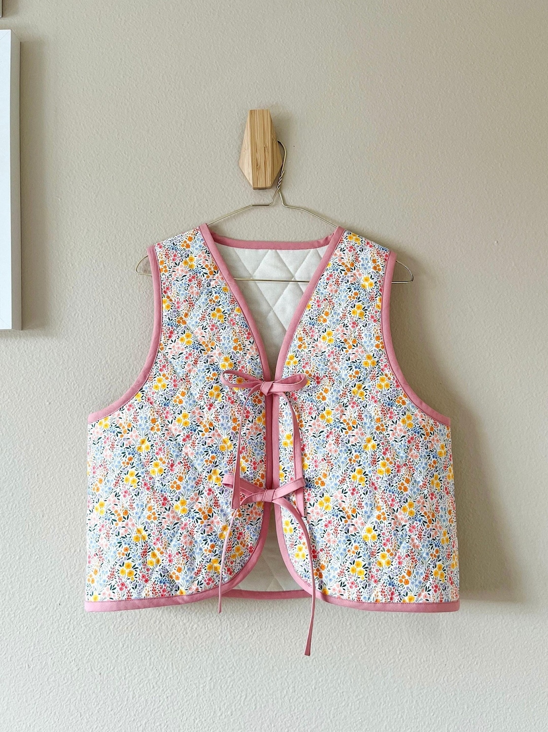 Floral Quilted Vest with Tie Detail - White main image 1