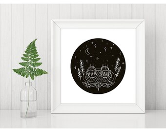 Cosy Nights With You Art Print | Camping Art | Couples Print | Black And White Art | Monochrome homeware