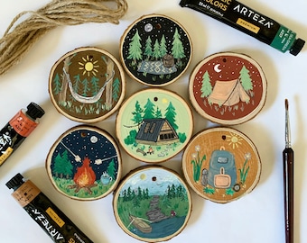 Personalized Camping Ornament | Handpainted Wood Slice, Rustic Christmas Gift