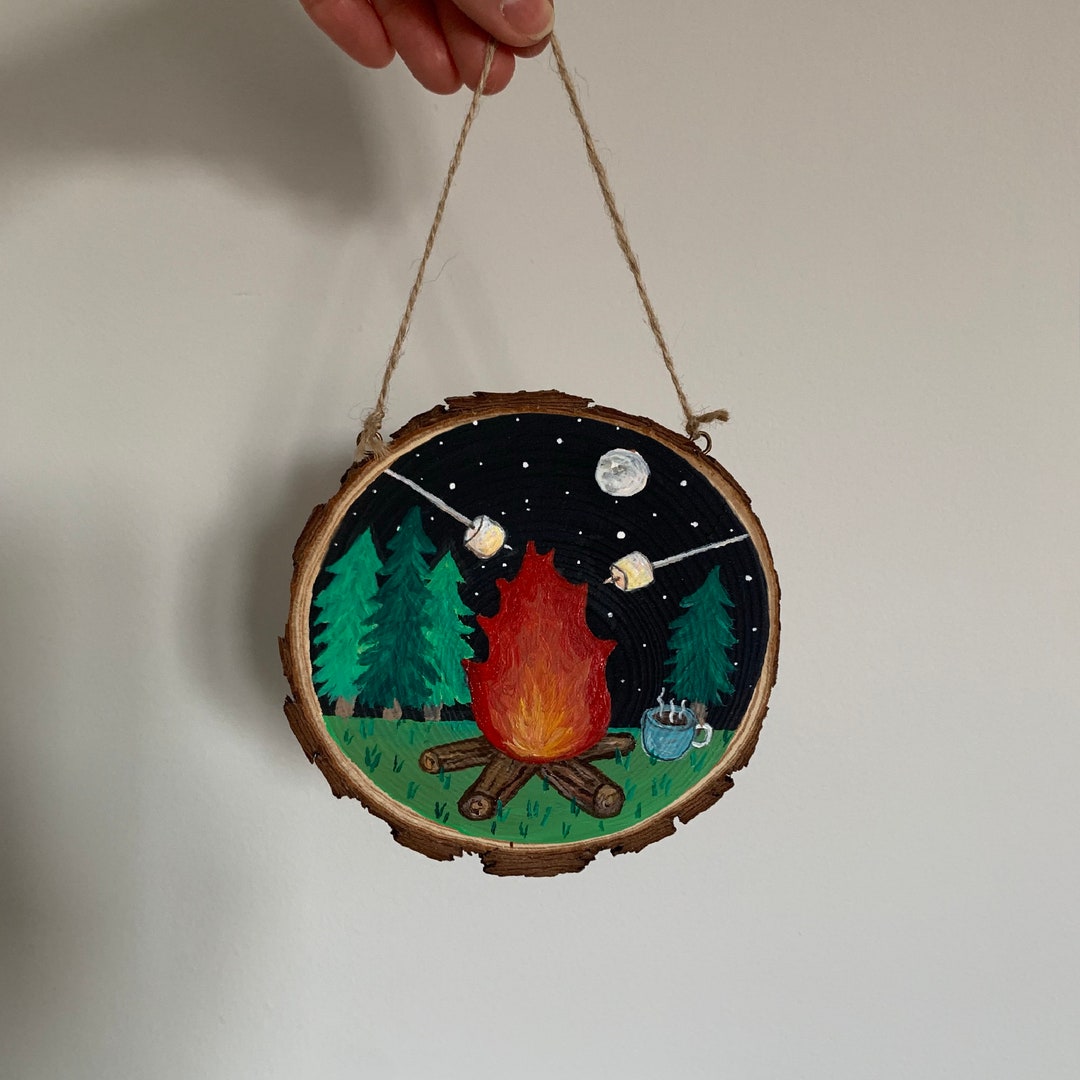 Rustic Hand Painted Wood Slice Ornament / Camping Art / Woodslice Art ...