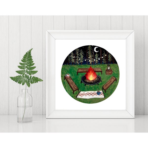 Campfire art print / Camping Art / Christmas Gift Campfire painting / Woodland Artwork / Forest homeware / Nature art