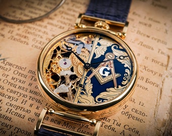 Omega watch Masonic watch Skeleton watch Handmade watch Freemason watch Vintage omega watch Marriage watch Gift for husband Gift for men