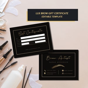 DIY Microblading-promotiesjabloon, moderne cadeaubonnen voor wenkbrauwen, wenkbrauwartiestenkaart cadeaubon zwart goud, cadeaubon wenkbrauwen