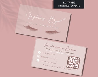 Modèle de carte de visite de cils personnalisés bricolage carte de visite de Salon de cils de beauté rose pastel minimal QR Code carte de visite Lash Extension Lash Tech