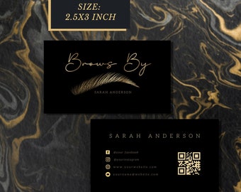 Eyebrow Business Card Template, Lux Gold Brows Business Cards With Logo QR Code, Brow Lamination Microblading Brow Shading Artist QR Card