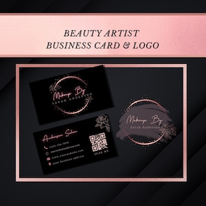 Conception de logo en or rose et modèle de carte de visite, conception élégante de Premade pour le salon de beauté de maquilleur, cils, ongles, marque de boutique de boutique
