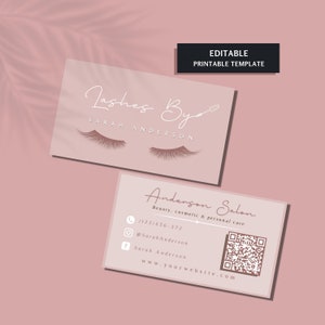 Modello di biglietto da visita ciglia personalizzato Biglietto da visita per salone di bellezza per ciglia rosa pastello minimo fai da te Codice QR Biglietto da visita tecnologia ciglia per estensione ciglia
