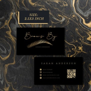Modello per biglietto da visita per sopracciglia, biglietti da visita per sopracciglia oro Lux con codice QR logo, carta QR per artista per ombreggiatura sopracciglia con microblading per laminazione delle sopracciglia