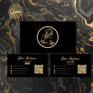 Modèle de carte de visite de barbier de luxe moderne, carte de visite de salon de coiffure en or noir personnalisé minimal de code QR, carte de visite de beauté de coiffeur