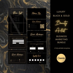 DIY Black & Gold Branding Bundle Custom Business Card Template QR code, Gift Certificate, Loyalty Card, Instagram Story, Price List Template