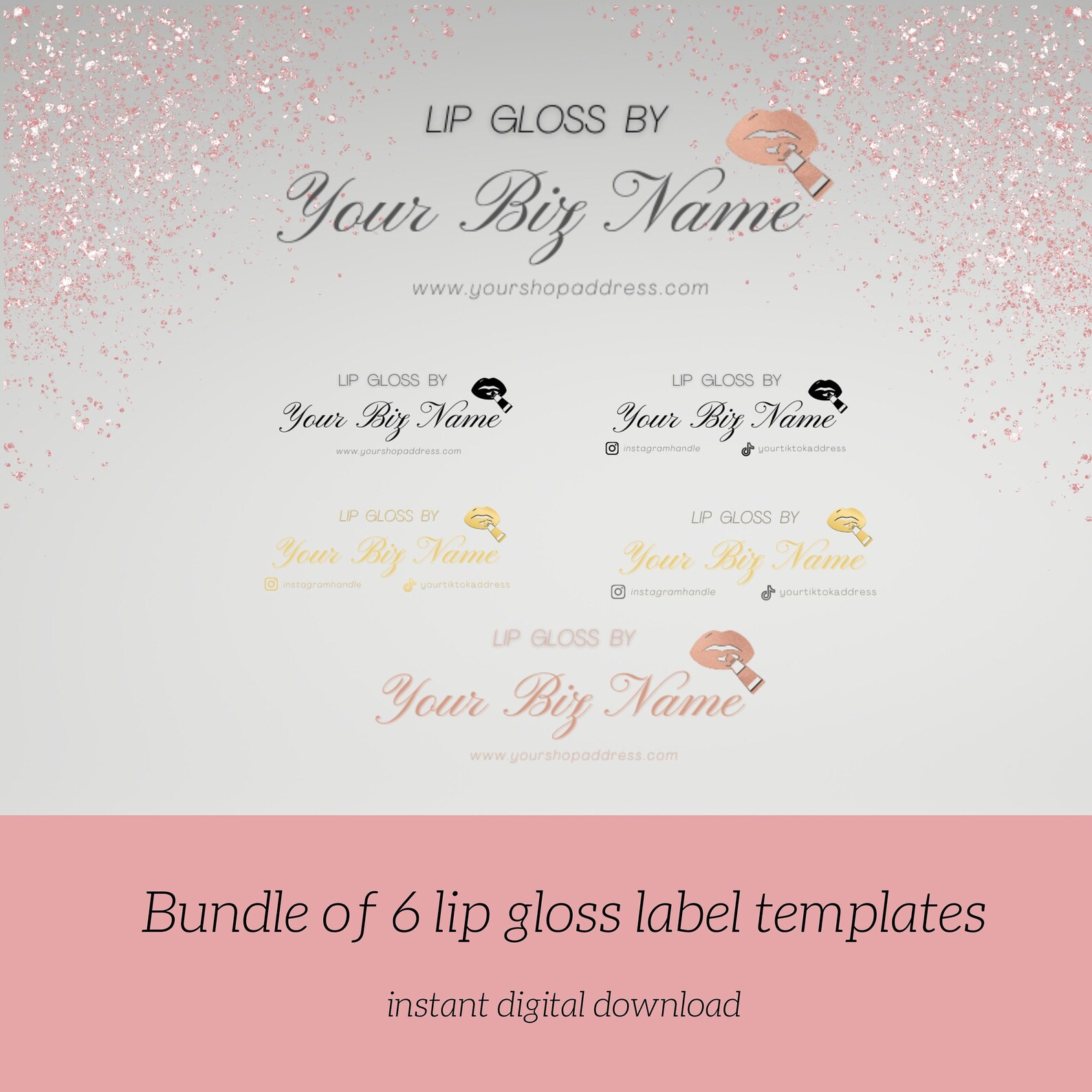 Custom Clear Lip Gloss Labels Template, 6 Rose Gold Black Lipgloss