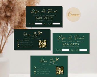 Puede incluir: Tarjetas de visita verde oscuro con texto dorado y un código QR dorado. Las tarjetas dicen "Hair By Sarah Anderson" y ofrecen un 20% de descuento por referencias. El logotipo de Canva es visible.