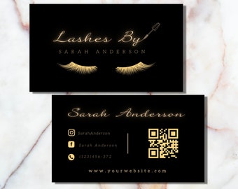 Conception de carte de visite Lash personnalisée avec code de parrainage, carte de visite personnalisée Lux Black Gold, cartes de visite numériques QR Code Eyelash Tech