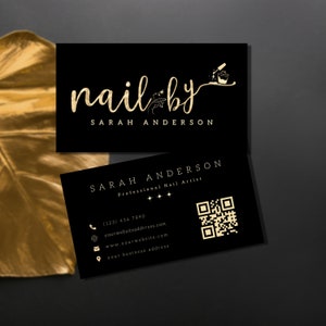 Custom Nail Artist Business Card, Elegant Nail Tech Business Card Black Gold, QR Business Card For Nail Technician Printable Nail Salon Card