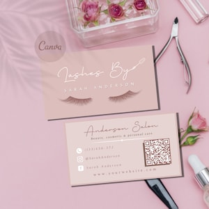 CARTES DE VISITE LASH, modèle de carte de visite d'extension de cils rose pastel minimaliste, carte de visite d'extensions de cils Lash Tech moderne personnalisée