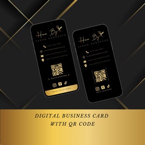 Tarjeta V comercial de estilista con enlaces en los que se puede hacer clic Plantilla comercial de tarjeta electrónica para peluquería Tarjeta de presentación digital electrónica con código QR