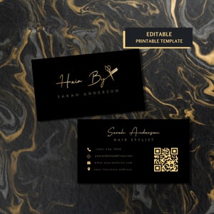 Modèle de carte de visite de coiffeur, cartes de visite de salon de beauté de coiffeur, tressage de cheveux extension de cheveux carte Qr code modifiable préfabriquée à faire soi-même