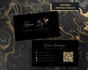Plantilla de TARJETA DE VISITA de estilista de cabello, tarjetas de visita de salón de belleza de peluquería, extensión de cabello trenzado de cabello DIY tarjeta de código Qr editable prefabricada