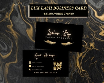 Modèles de cartes de luxe Eyelash Tech, cartes de visite personnalisées Code Qr, carte de visite d'artiste d'extension de cils en or noir Téléchargement instantané