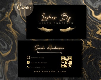 Aangepaste LUX LASH visitekaartje sjabloon, Qr Code Lash extensie visitekaartje, zwart goud wimper visitekaartjes wimper extensie kaart Canva