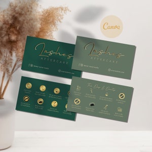 Lash nazorg kaarten sjabloon, groene Lash nazorg kaart, goud & smaragdgroen visitekaartje, wimper nazorg, aangepaste Lash extensie kaart