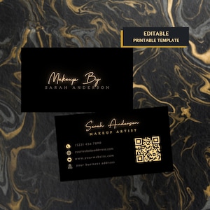 Custom Luxury Business Cards Template, Gold Black Minimal Business Cards With QR Code, DIY Card For Hairstylist Makeup Artist, Lashes, Nail